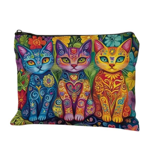 Cat Trio Psychedelic Makeup Bag Colorful Art Cosmetic Travel Pouch Case NWT - Picture 6 of 11